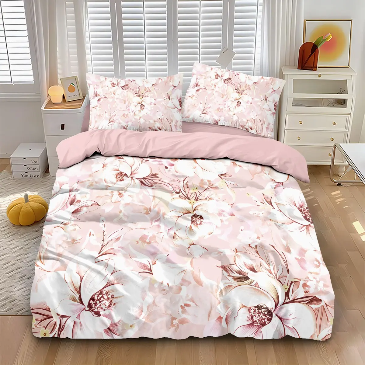 3-piece quilt cover set (1 quilt cover +2 pillowcases, coreless) Gentle pink white watercolor floral quilt cover French romantic large flower print soft and comfortable bedding, suitable for all rooms