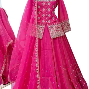 Embroidery sequence and moti work in Simar silk fabric, tops and lehenga (5 meters flare)