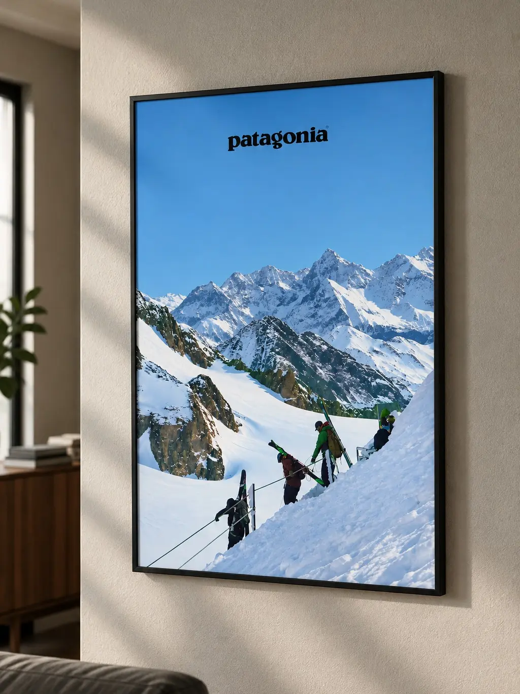Patagonia Backcountry Ski Mountain Climbing Wall Art Poster - Eco-Friendly Print with Optional Black Frame, Wrapped Canvas or Unframed Option - Winter Adventure Home Decor for Cabin, Outdoor Sports Gift