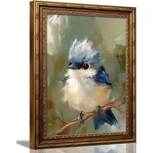 Dougepce 3D Texture Oil Painting,Vintage Gold Framed Wall Art,Blue Bird Wall Art Canvas Prints, Birds on Tree Pictures Wall Decor, Birds Artwork Paintings for Bedroom Wall Decor (Blue 1