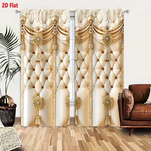 2D Flat Luxury Cream & Gold Tufted Diamond Quilted Paneling & Valance Curtain 2-Piece Set, Baroque Rococo Style Decor, Ornate Drapery with Golden Tassels & Studs, Elegant Interior Wall/Door Accent Curtains