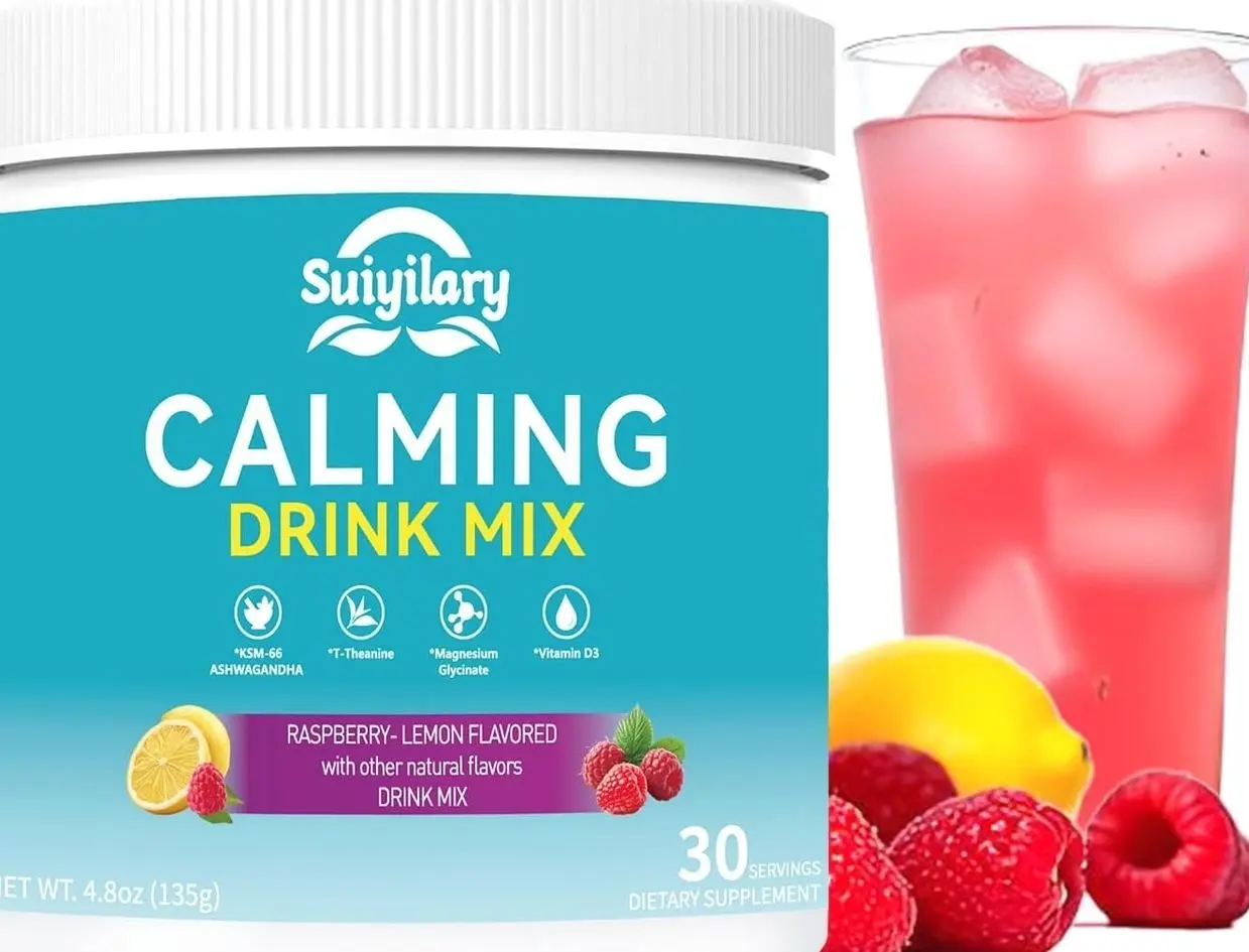 Calm Magnesium Powder, Cortisol Supplements Drink Mix No Sugar for L-Theanine, KSM66 Ashwagandha, Magnesium Glycinate, Vitamin D3, Relaxation, Focus, Raspberry Lemonad, 30 Servings