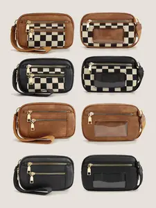 Women's Solid Color & Checkerboard Pattern Zipper Wristlet, Fashionable Pu Leather Wristlet for Daily Used, Casual Versatile Mini Coin Purse for Women & Men, Dual Pouch Wristlet