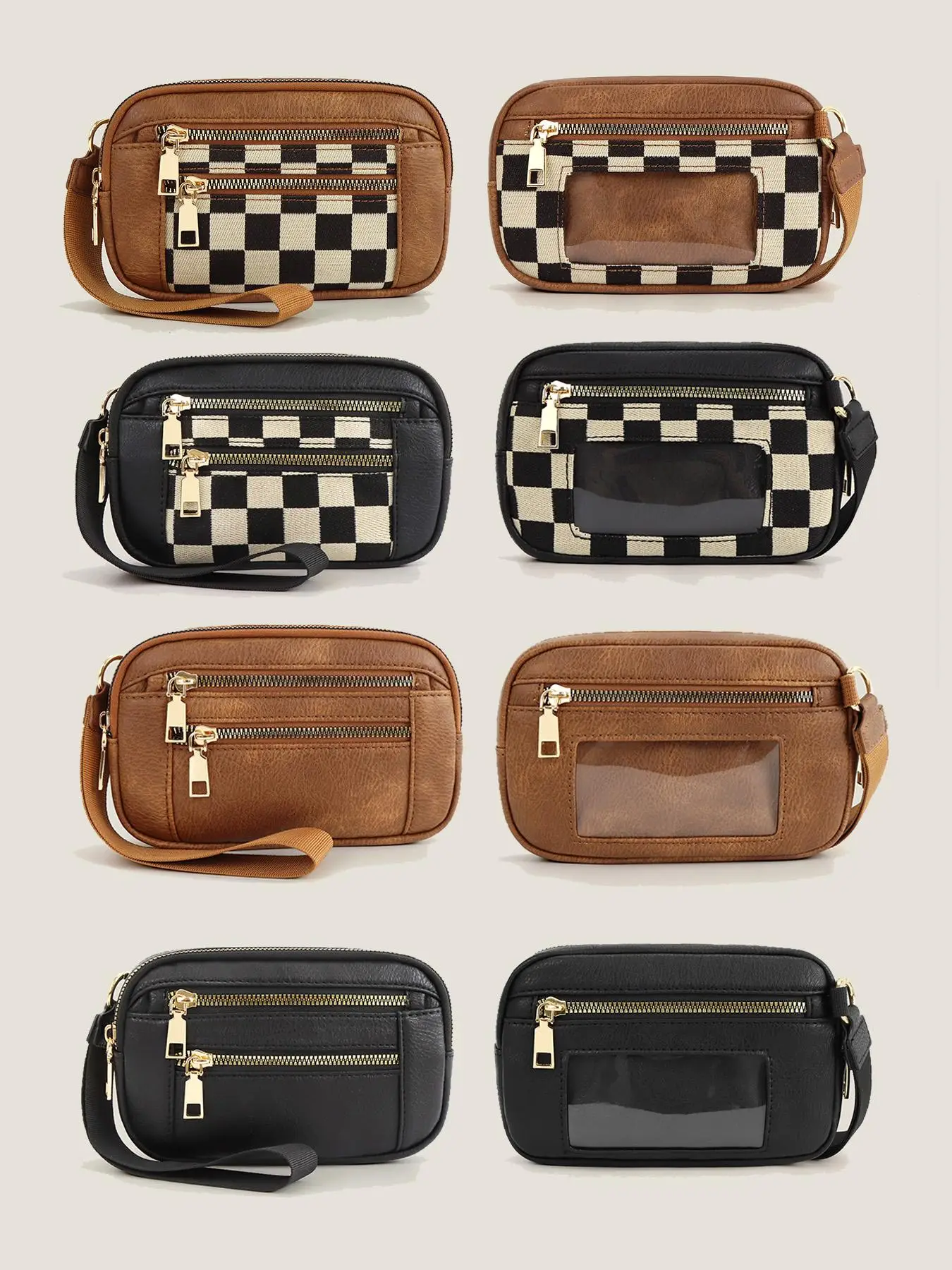 Women's Solid Color & Checkerboard Pattern Zipper Wristlet, Fashionable Pu Leather Wristlet for Daily Used, Casual Versatile Mini Coin Purse for Women