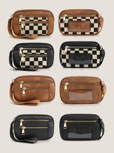 women's solid color & checkerboard pattern zipper wristlet, fashionable pu leather wristlet for daily used, casual versatile mini coin purse for women & men