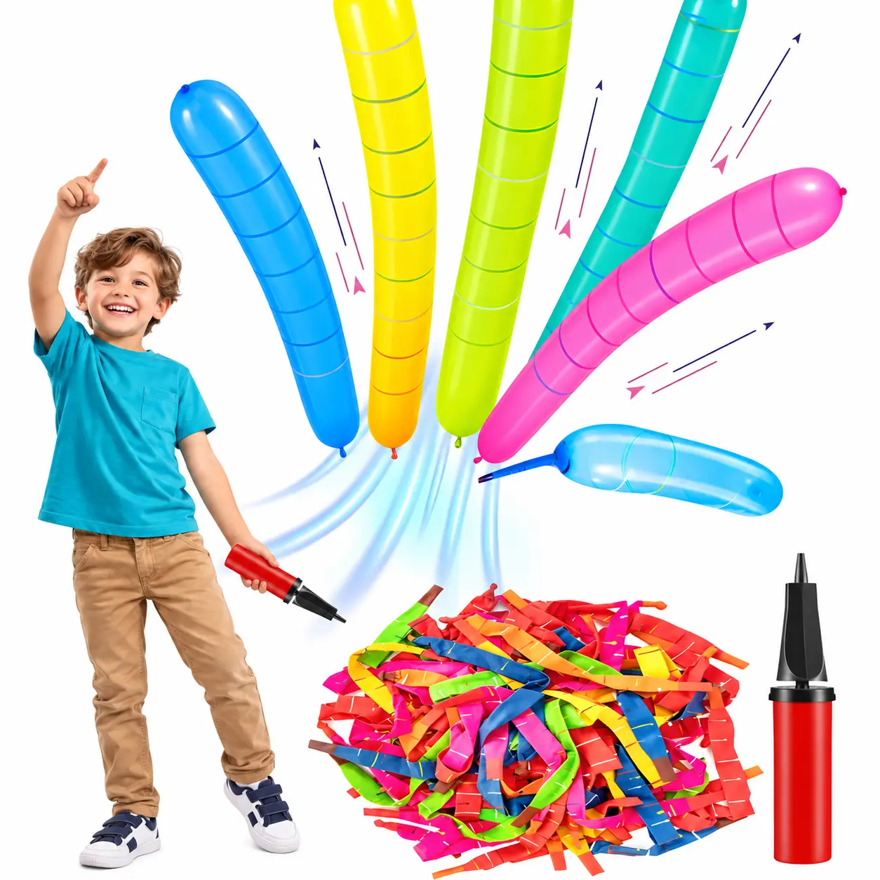 100-Count Plastic Unisex Whistling Rocket Balloon Set with Hand Pump, 31.5in Assorted Colors Kids Toys Flying Balloons with Whistle Sound, for First Day of School, Birthday Party Favors