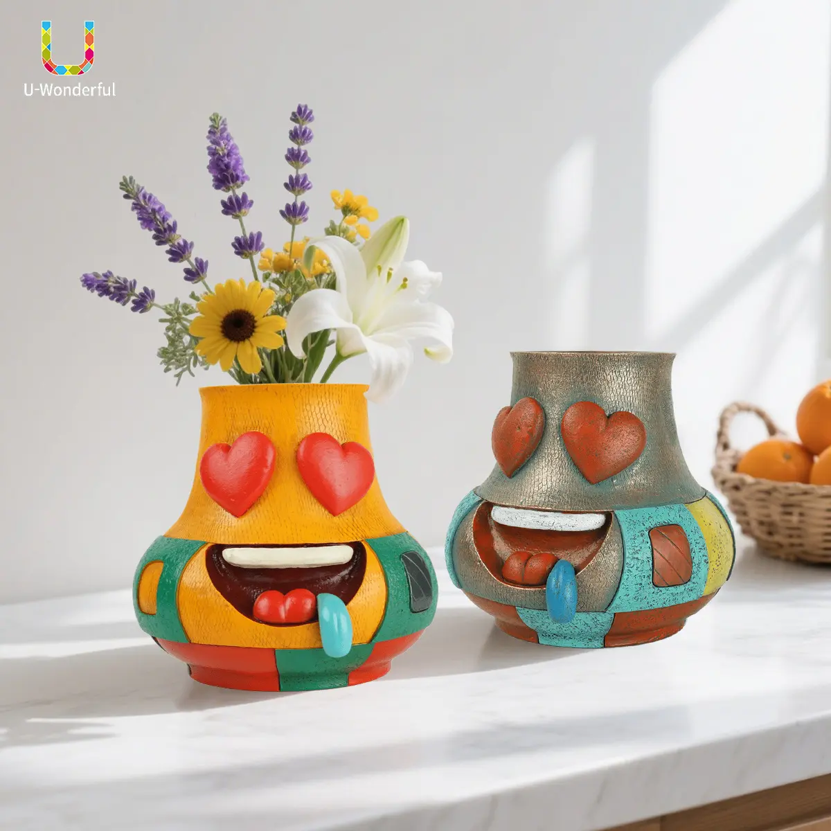 u-wonderful Resin Craft Garden Planter - Funny Heart Eyes Love Face with Tongue Out, Dopamine Funky Decor, Succulent Vase, Tabletop Centerpiece, Teen Gift