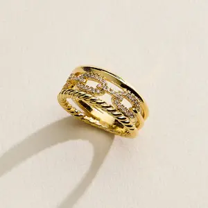 18K Gold Filled CZ Chain Link Stack Ring – Multi-Layer Statement Band – Made in Korea