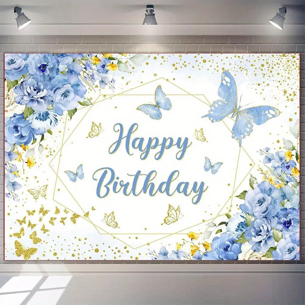 Fairy Theme Floral Blue Butterfly Polyester Backdrop Decor, 230x180cm Large Fabric with Golden Wishes Design, Festive Photo Banner for Young Children's Happy Birthday Parties, Suitable for Indoors/Outdoors