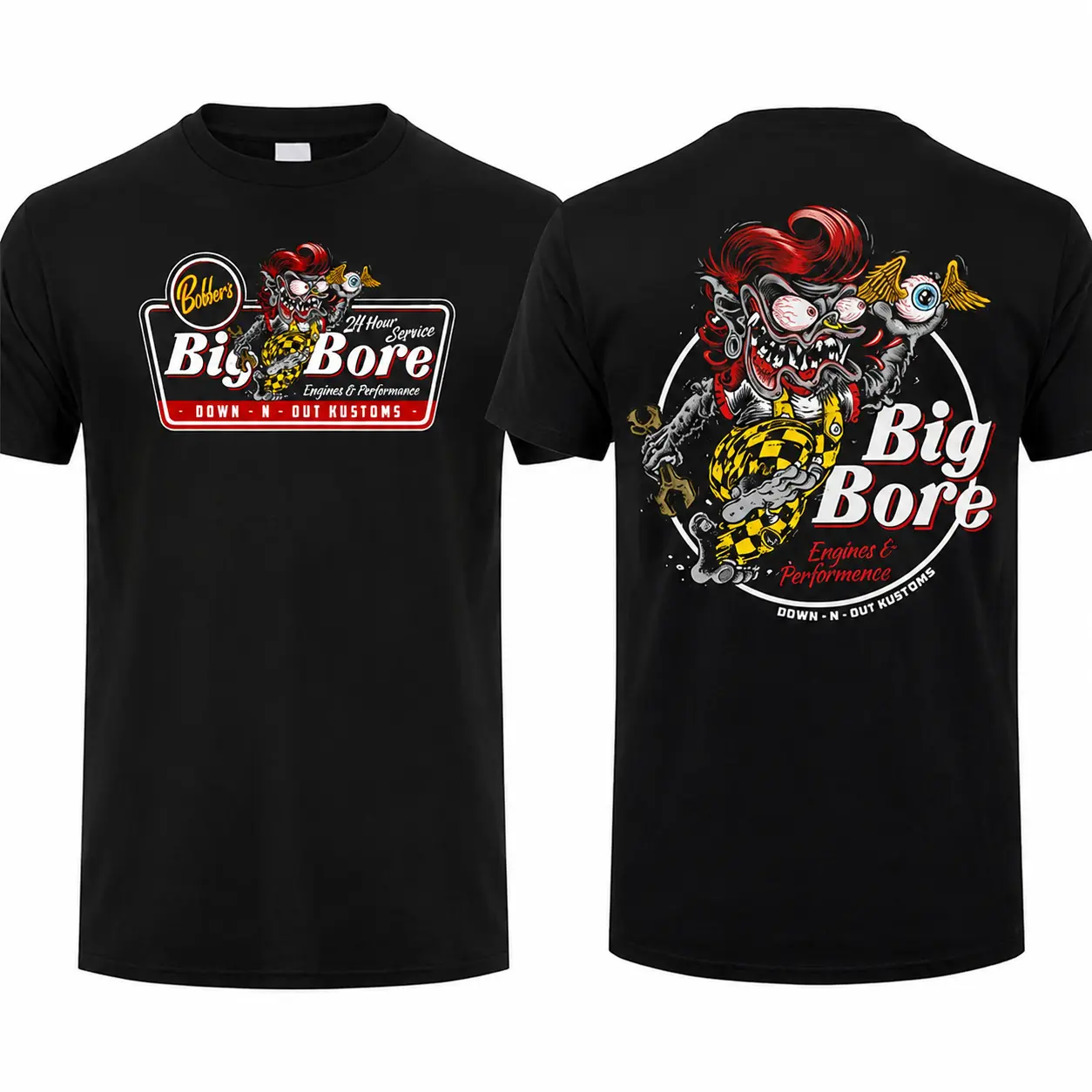 Men's Regular Fit Crew Neck Short Sleeve Cotton Top - Menswear Casual Wear, Big Bore Hot Rod Rat Fink Style Male Mechanic Car Custom Double Sided Graphic Tee, Tops