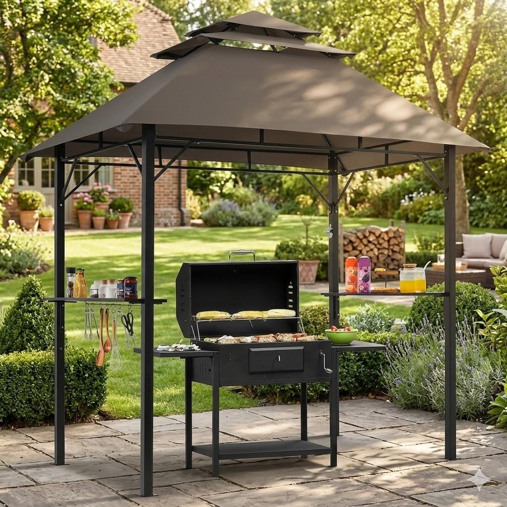 Yaheetech 8x5' Grill Gazebo, 3-Tier Outdoor BBQ Gazebo with Height-Adjustable Shelves & 10 S-Shaped Hooks & Built-in Bottle Opener