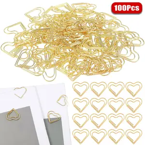 100Pcs Cute Metal Heart Paper Clips Love Shape Gold Binder Paperclips Mini Bookmark Document Note Sorting Organizer for Wedding Decorative Office Supplies