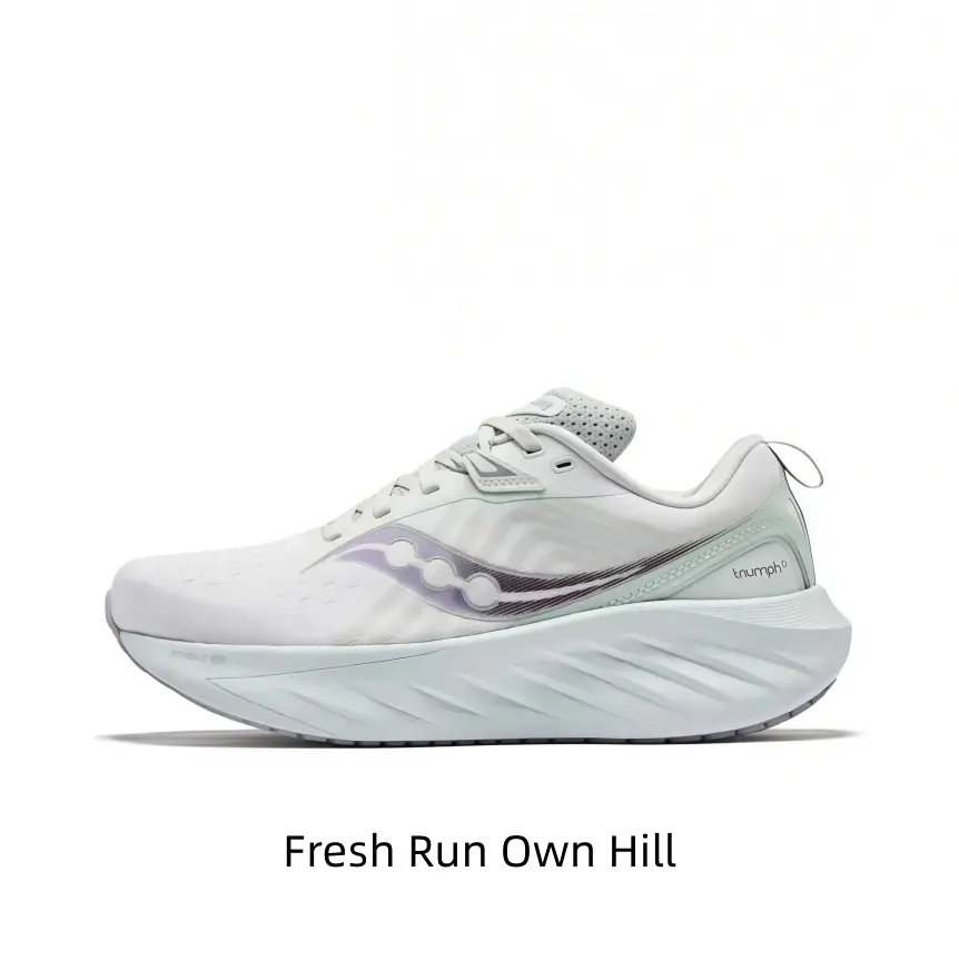 White mint two-tone performance running shoes hollow knit upper curved layered foam outsole padded ankle comfy footwear outdoor long-distance travel workouts