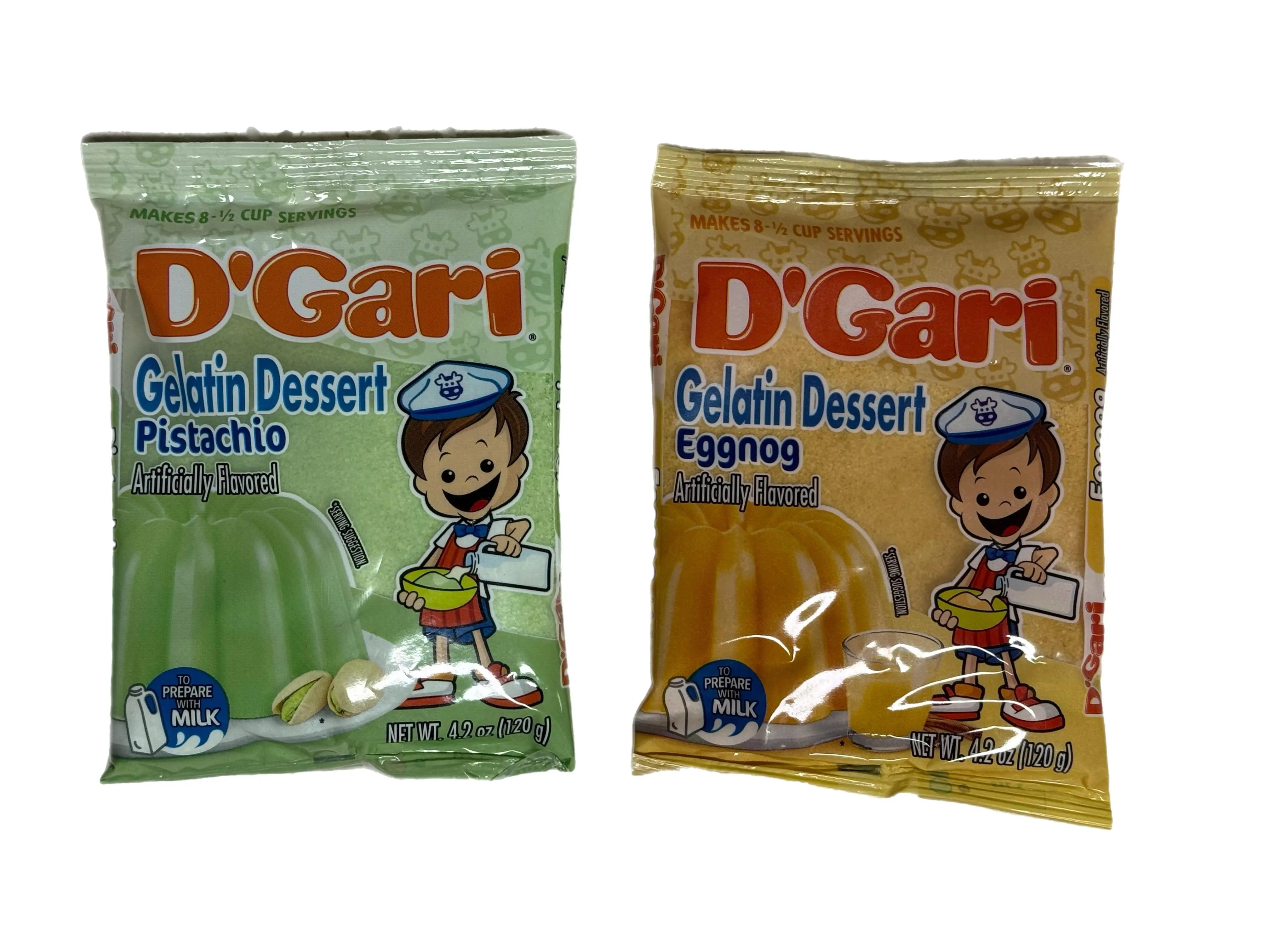 D'Gari Gelatin Dessert – Eggnog (Rompope) or Pistachio (Pistache) – Artificially Flavored – 4.2 oz (120 g)