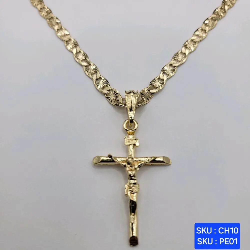 Christ on the Cross Necklace  Chain 24 Inches 5mm Wide Plated Gold Plain Laminated Gold Color Religious Jewelry Oro Laminado Laminated Gold Elegant Design SKU : CH10, PE01