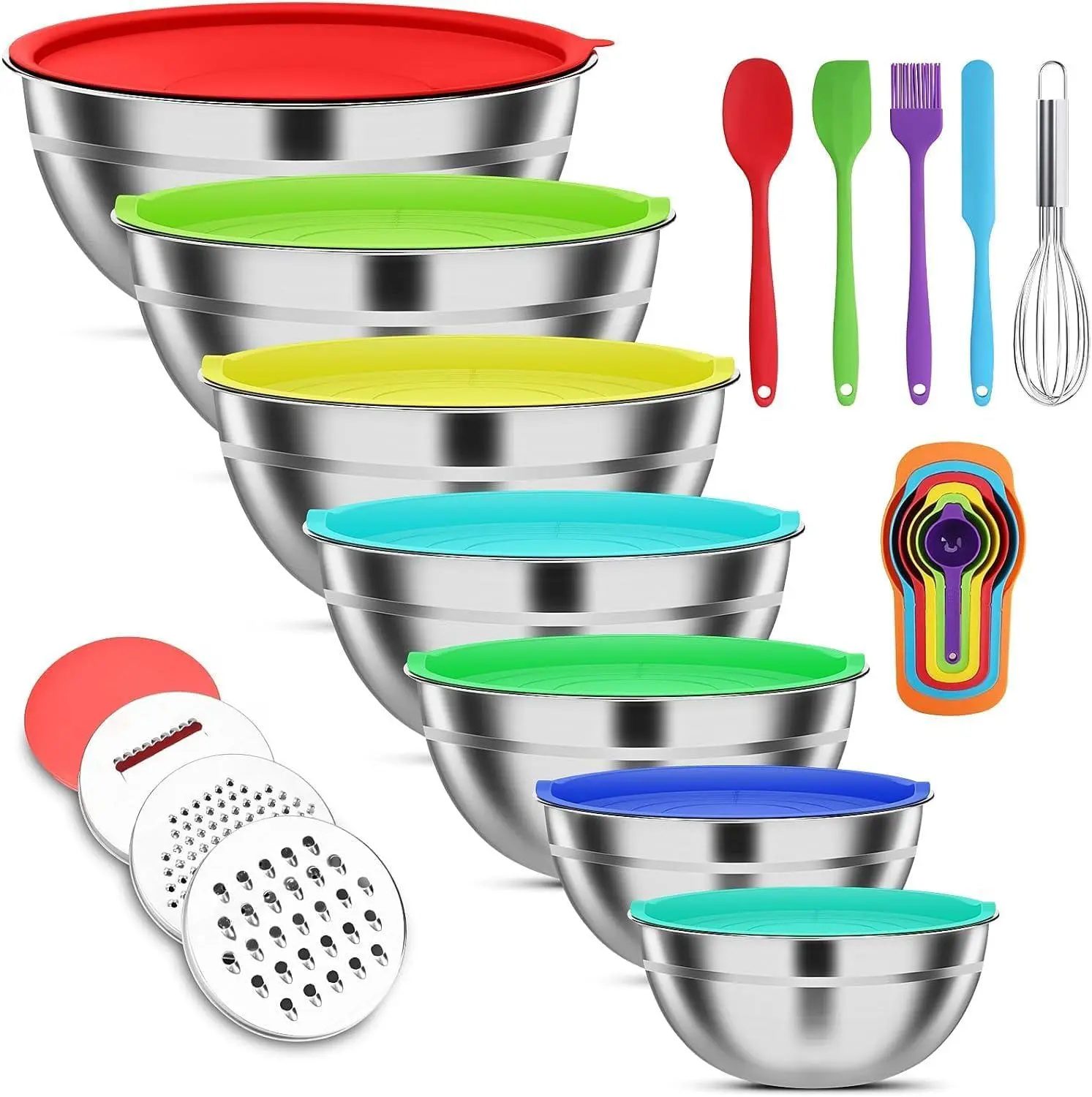 ENVTEK 7-Piece Stainless Steel Mixing Bowls Set with Airtight Transparent Lids & 3 Grater Attachments - Metal Tableware in 0.7QT,1.1QT,1.5QT,2.1QT,3.5QT,4QT,4.5QT Sizes for Kitchen Cooking & Baking