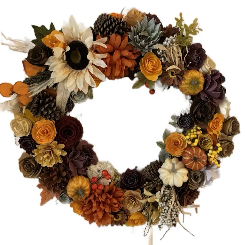 Handcrafted Paper Floral Wreath with Autumn Colored Flowers & Pumpkin Accents for Seasonal Decor Decoration