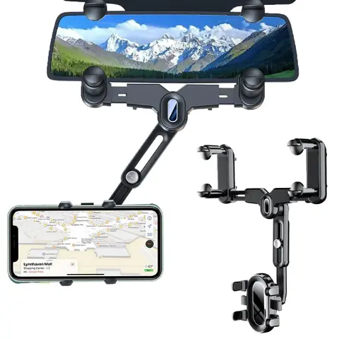 Large Rearview Mirror Phone Holder for Car 360°Rotatable and Retractable, 2026 Upgraded Four Corners Fixed Anti-Shake Multifunctional Design for Most Phones and Most Thick less 2.28" Car Rearview Mirror