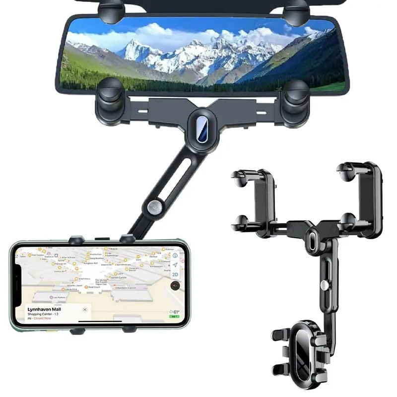Large Rearview Mirror Phone Holder for Car 360°Rotatable and Retractable, 2026 Upgraded Four Corners Fixed Anti-Shake Multifunctional Design for Most Phones and Most Thick less 2.28" Car Rearview Mirror