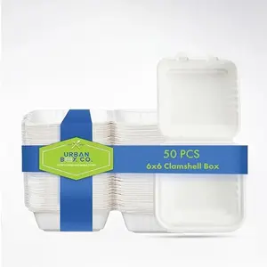 Urban Box Co. 6x6 Inch Compostable Clamshell Containers, Heavy-Duty Biodegradable To-Go Boxes, Made from Eco-Friendly Sugarcane Bagasse, Durable & Disposable Takeout Containers for Food