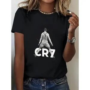 1pc Women's 100% Casual T-Shirt with CR7 Soccer Player Graphic Print, Breathable Relaxed Fit Round Neck Short Sleeve Top for Sports & Casual Attire, Machine Washable All-Season Tee