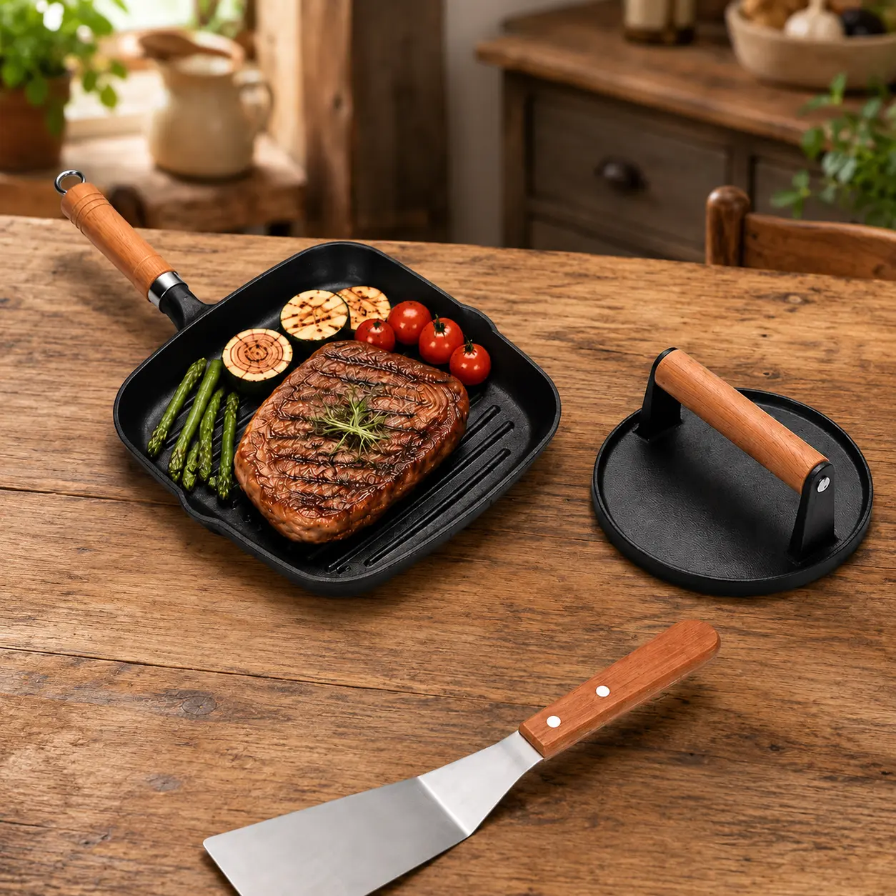 3-piece cast iron grill set: square baking tray with a tilt handle, burger crusher, and stainless steel spatula with wooden handle — heavy-duty kit for burgers, bacon, steak, sandwiches, and outdoor grilling.Oven