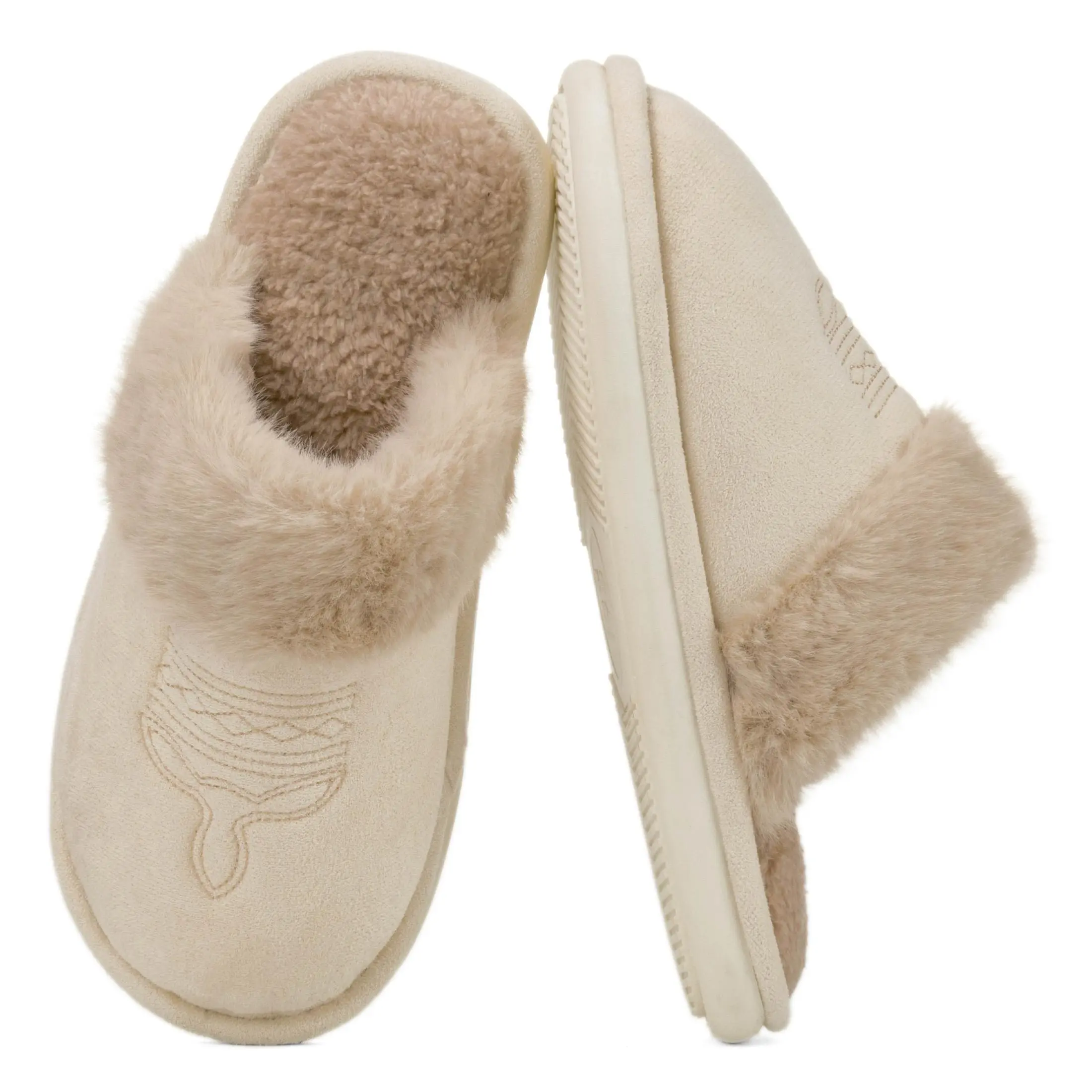 Women Embroidery Faux Suede Slippers Winter Warm Fuzzy Fur Collar Closed Toe Slides Non Slip Soft Plush Lining Indoor Home Bedroom Casual House Shoes