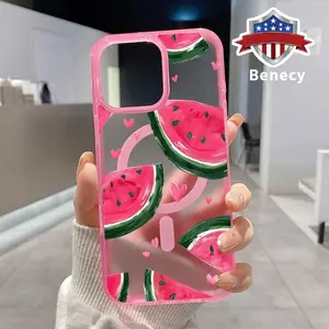 Juicy Watermelon Hearts Pattern Magnetic Phone Case for iPhone 15 16 14 Pro Max 13 12 11 XR XS Plus E Clear Crystal Drop-proof Slim Silicone Shockproof Transparent Protective Cover Supports Wireless Charging
