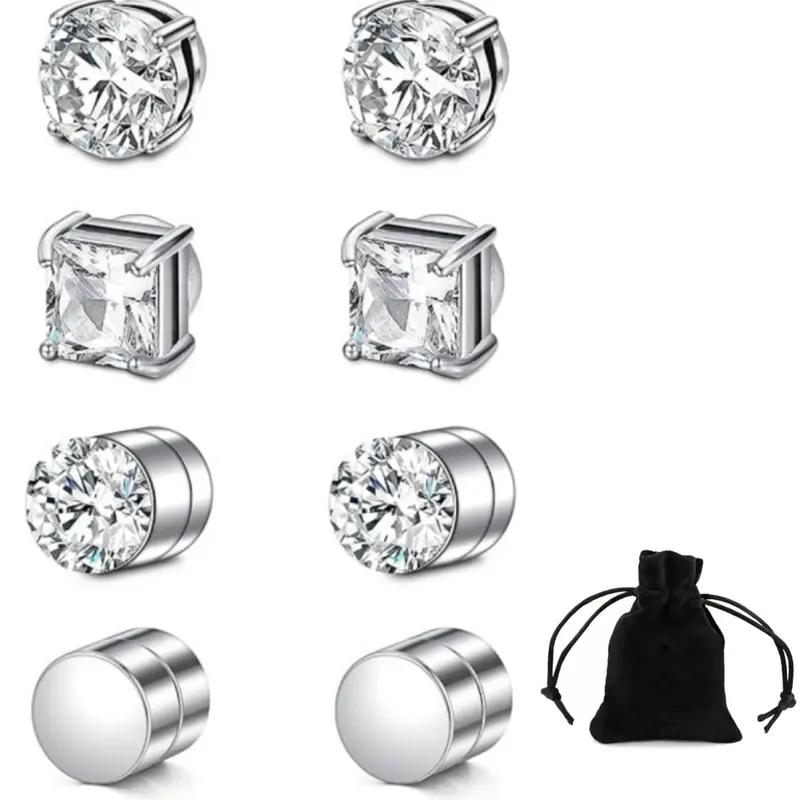 4 Pairs Stud Earrings Fake Cubic Zirconia Diamond Earrings for Women Men Silver summervibes