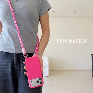 Minimalist Solid Color Phone Case for iPhone 17 16 15 14 Plus 13 12 11 Pro Max XS XS Max XR Crossbody Strap Braided Rope Protective Case Crossbody Phone Lanyard Phone Accessory