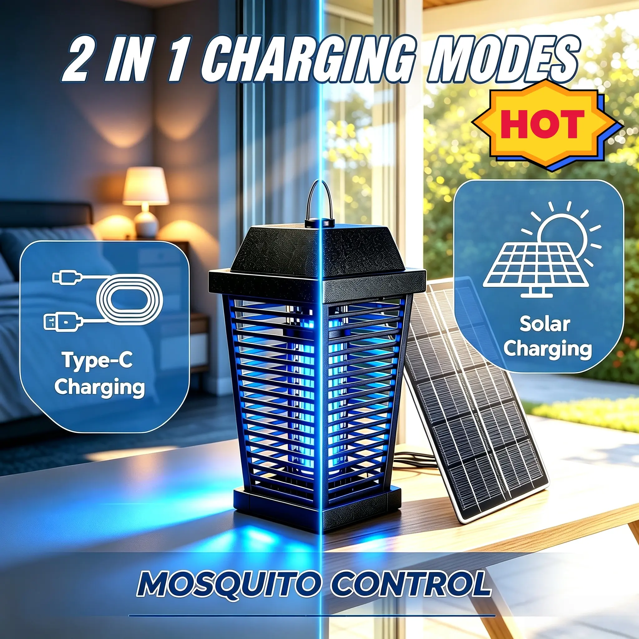 PALONE 4500V Solar-Powered Ultraviolet LED Bug Zapper - Rechargeable Cordless Durable Metal Portable Electronic Mosquito Killer, Solar Power Hanging Device, Indoor/Outdoor ABS Plastic Tool with Light, Cleaning, Defense Features, Batteries Included