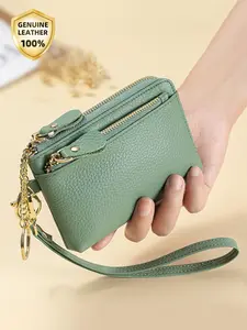Women's Genuine Leather Wrist Wallet, Multi-Layer Zip Around Wristlet with Card Slots, Keychain, Fashion Daily Use, Casual Style, All Seasons
