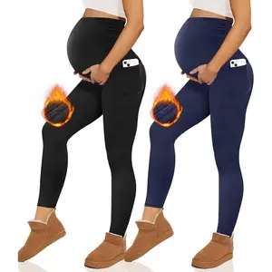 2 Pack Maternity Fleece Lined Leggings Over The Belly, Womens Black Workout Yoga Pregnancy Pants with Pockets