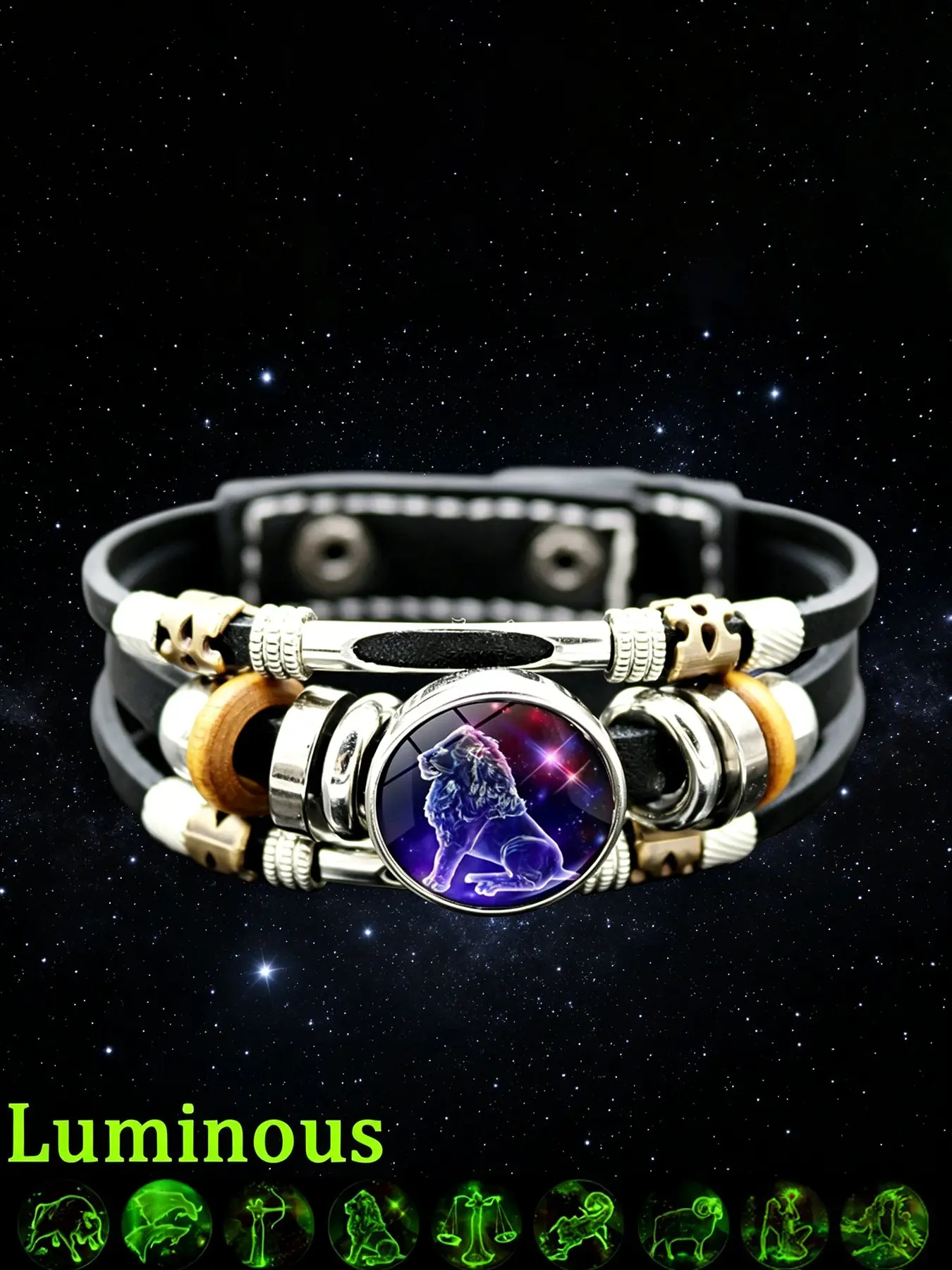 Glow-in-the-Dark Luminous Leather Zodiac Symbolism Bracelet 12 Constellation Horoscope Jewelry for Men Women Adjustable Retro Braided Beaded Couple Bracelet Bracelets Jewelry Ideal Gift