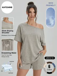 Katch Me Chic Women's Casual Solid Color Sloping Shoulder Short Sleeve Top & Shorts Co-ord, Breathable Skin-Friendly Loose Two Piece Sets, Durable Anti-Pilling Daily Outfit