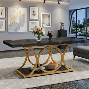 47.24 Inch 2-Tier Faux Marble Coffee Table, Golden Geometric Metal Leg Storage Center Table, Waterproof Scratch Resistant Modern Home Furniture For Living Room Apartment