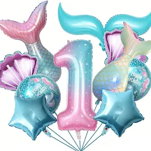 13-Piece Mermaid Theme Balloon Set, 32-Inch Gradient Starry Numbers, Perfect for Kids Birthday Parties, Pool Parties, Summer Events