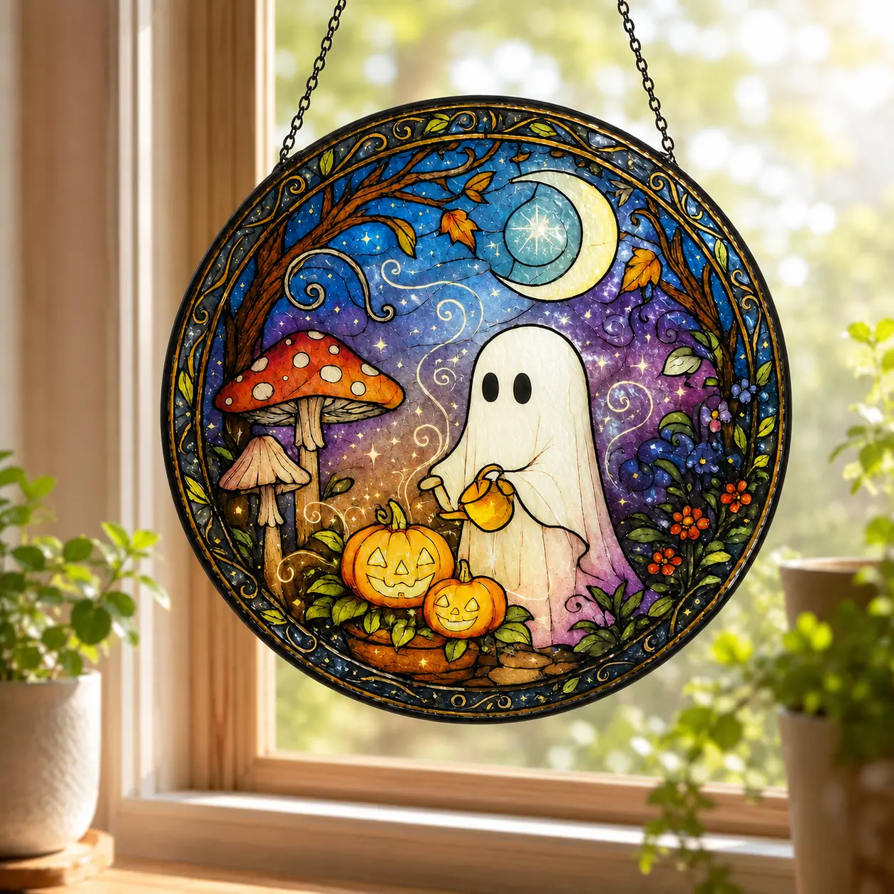 Cute Ghost Mushroom Pumpkin Stained Glass Style Suncatcher, Crescent Moon Halloween Window Hanging, Spooky Cottagecore Fall Decor, Ghost Lover Gift