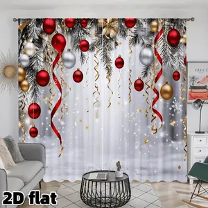 2D Flat 2Pcs Christmas Festive Ornaments Curtain Panels Red Gold Silver Baubles Pine Branches Ribbon Design Rod Pocket Semi Sheer Polyester Holiday Theme Window Treatment for Living Room Bedroom Home Decor Privacy Protection