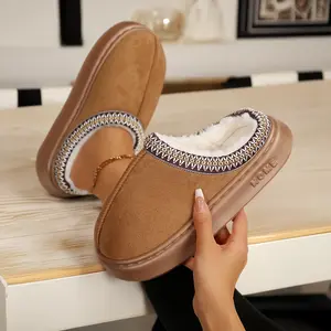 Women's Platform Mini Boot Slippers with Suede Leather Anti-Slip Sole for Indoor Outdoor Comfy Fleece Lining Short Ankle Slippe