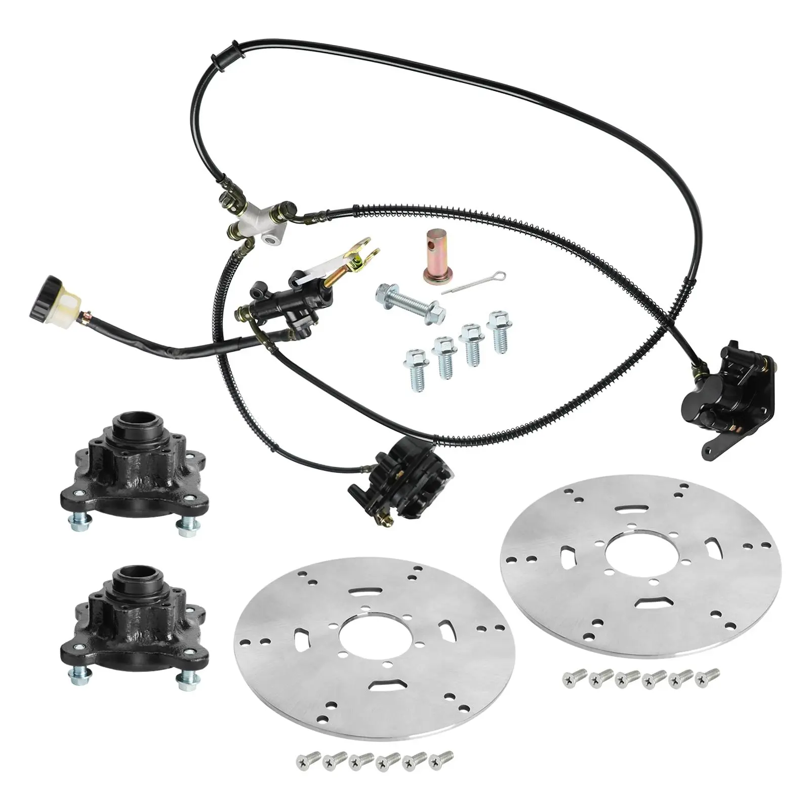 Suisuitong Go kart Hydraulic Disc Brake Kit – Twin Calipers & Master Cylinder & Brake Pads, 6-Hole Rotors, 4-Stud Wheel Hubs – Universal for 4WD, Front & Rear Drive ATV, Quad Bike, Karting, Buggy Dune