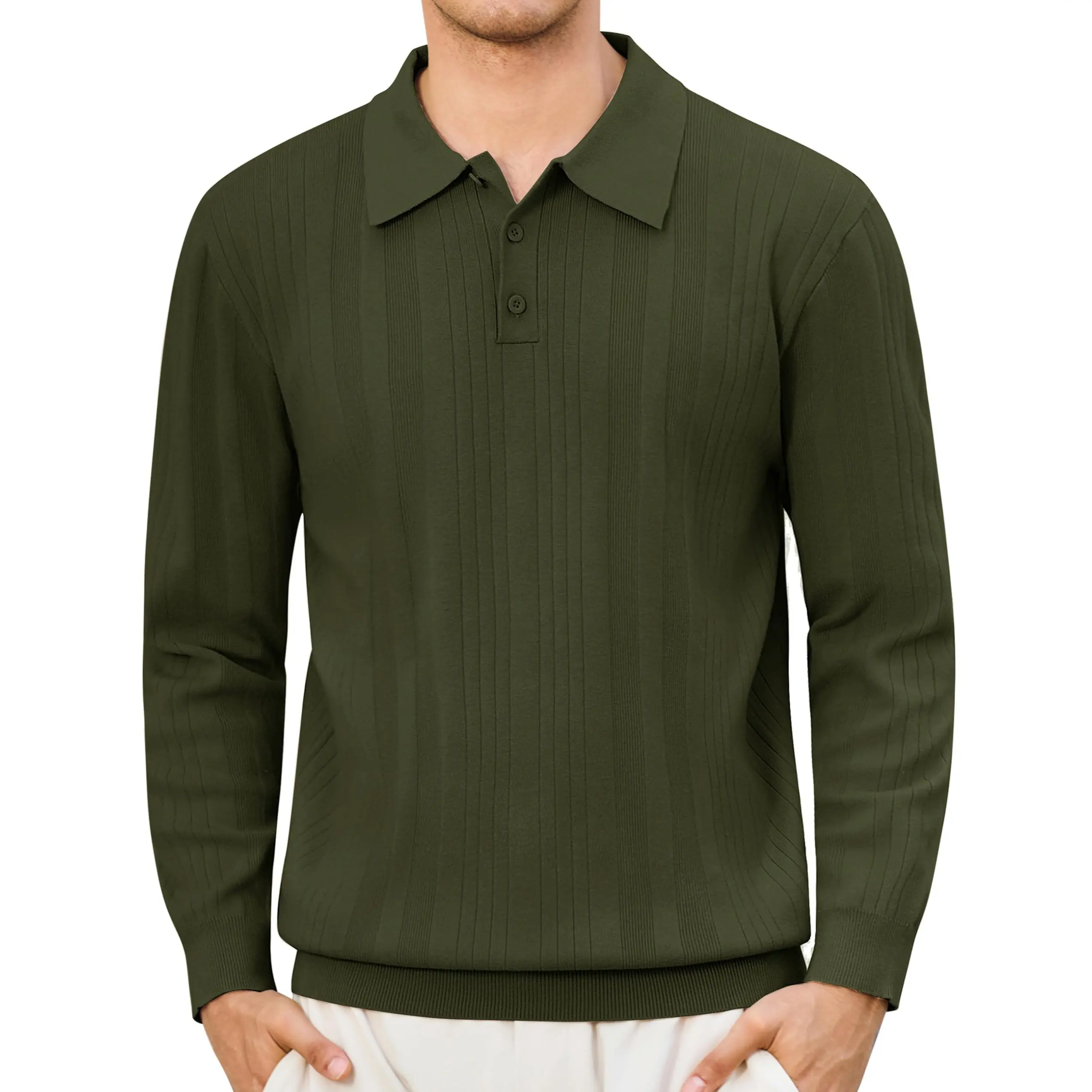 MAGCOMSEN Men's Ribbed Knit Polo Sweater - Long Sleeve, Elastic, Lightweight, Textured, Formal Menswear Trench-Inspired Dress Collar Pullover, Soft, Casual Wear, Business Casual, Longsleeves, Knit Polo Shirts, Rayon, Fitted, Banded, Button, Party