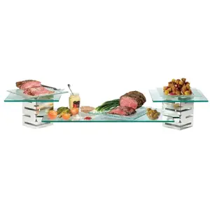 212 MAIN 5-Piece Skycap Multi-Level Brushed Stainless Steel and Glass Buffet Riser Kit, Including Rectangular Plates, Glass Buffet Risers