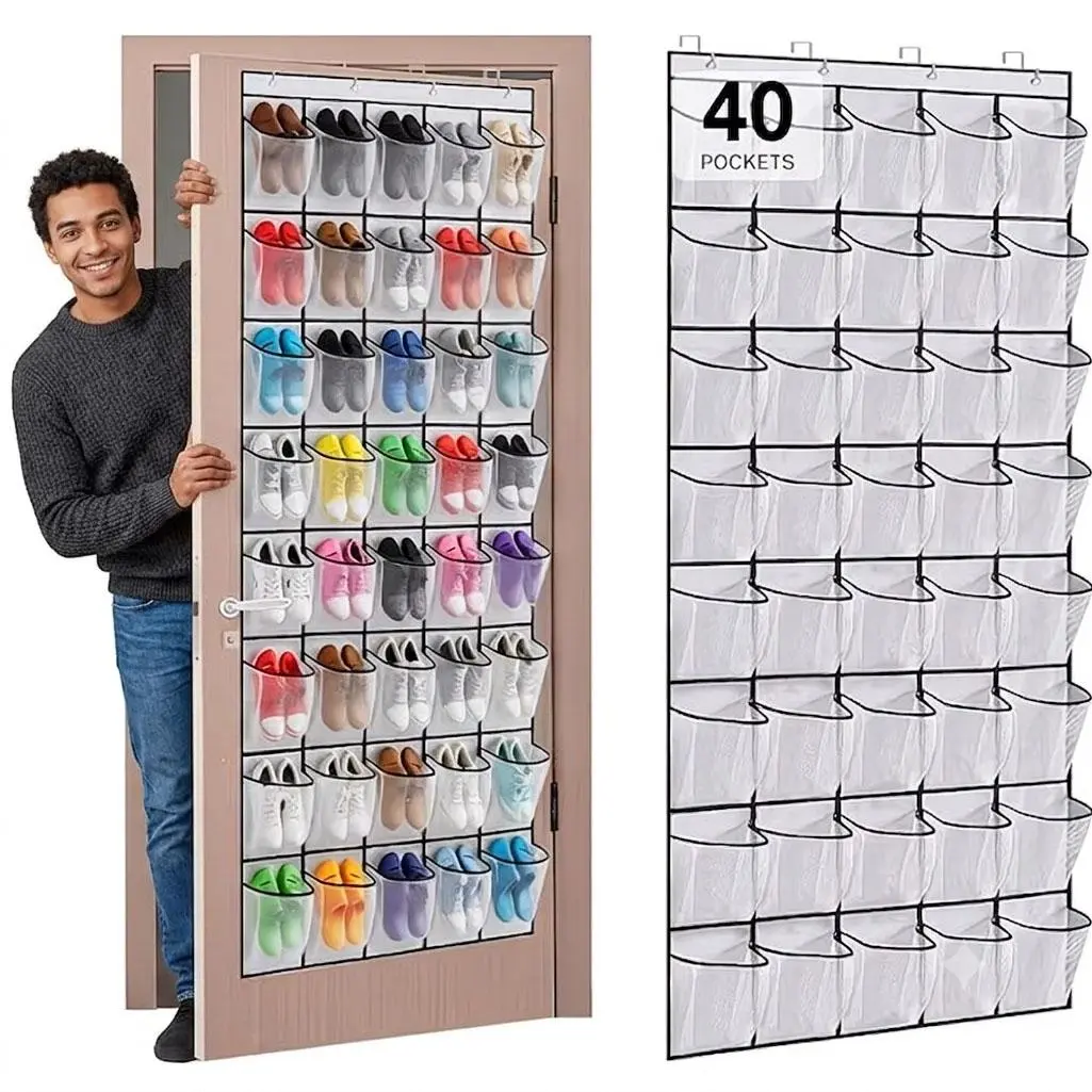 40 Over the Door Shoe Organizer Large Breathable Mesh Pockets Hanging Shoe Rack for Closet Black Behind Door Hanger Storage Holder Nonslip Hooks for Women Men Entryway Bedroom Utility Room Household