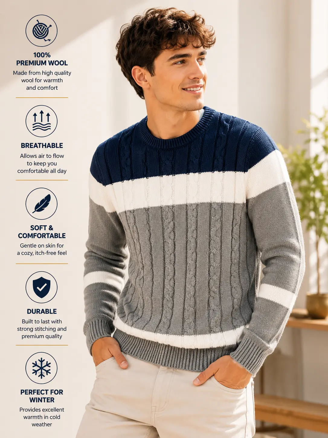 Lumin Rose Men's Colorblock Cable Knit Sweater, Classic Crewneck Cotton Blend Pullover, Casual Winter Knitwear, Striped, Cardigan, Fashion