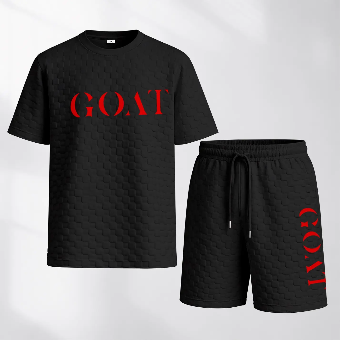 Men's Spring And Summer Goat Letter Print With Red And Black Line Checkered Fabric Drawstring Shorts Set, Casual Summer Outfit With Short-Sleeved Shirt And Shorts, Ideal For Everyday Wear And Sports Activities