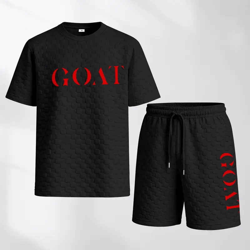 Men's Spring And Summer Goat Letter Print With Red And Black Line Checkered Fabric Drawstring Shorts Set, Casual Summer Outfit With Short-Sleeved Shirt And Shorts, Ideal For Everyday Wear And Sports Activities