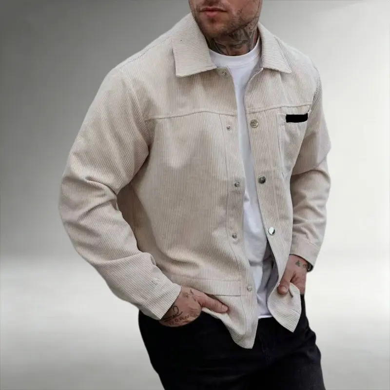 Men’s brown corduroy work jacket with a turn-down collar, retro casual style, skin-friendly fabric, roomy drop-shoulder fit with pockets—ideal for everyday commuting and leisure outings in spring and autumn. sohochic