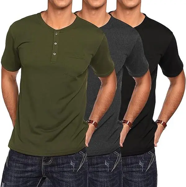 COOFANDY Men's 3Pack Henley Shirts Short Sleeve Casual Basic Summer Solid T Shirts with Pocket Fashion Menswear Soft Top Beach Wear Breathable  Formal Simple