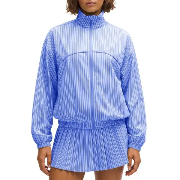 Fisoew Women's Vertical Striped 2 Piece Outfit, Stand Collar Full Zip Cropped Windbreaker Jacket + High Waist Pleated Mini Tennis Skirt Matching Tracksuit Set